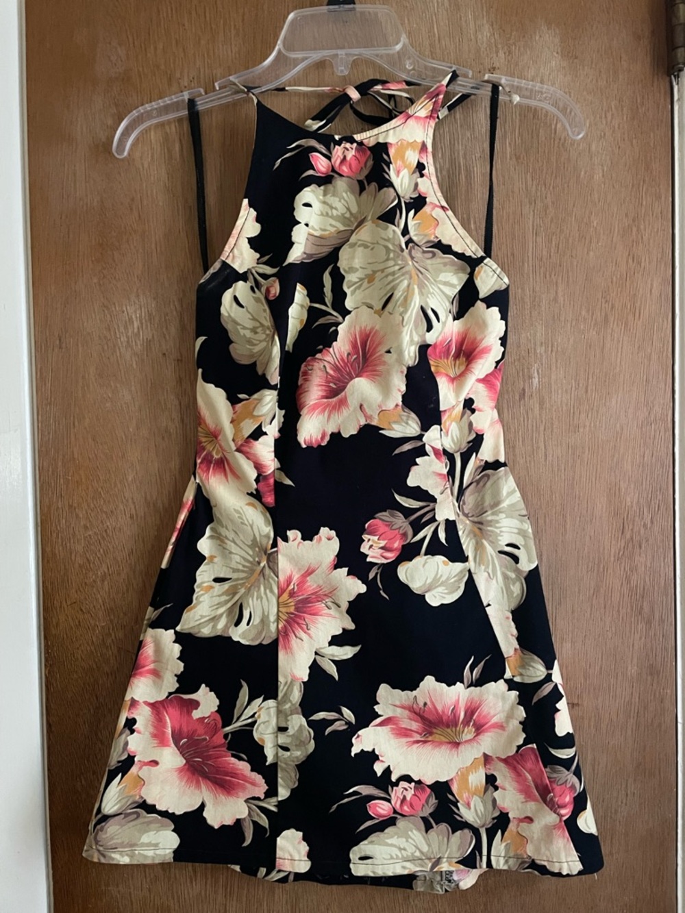 Black Strapless-Style Floral Dress with Pink & Cream Blooms
